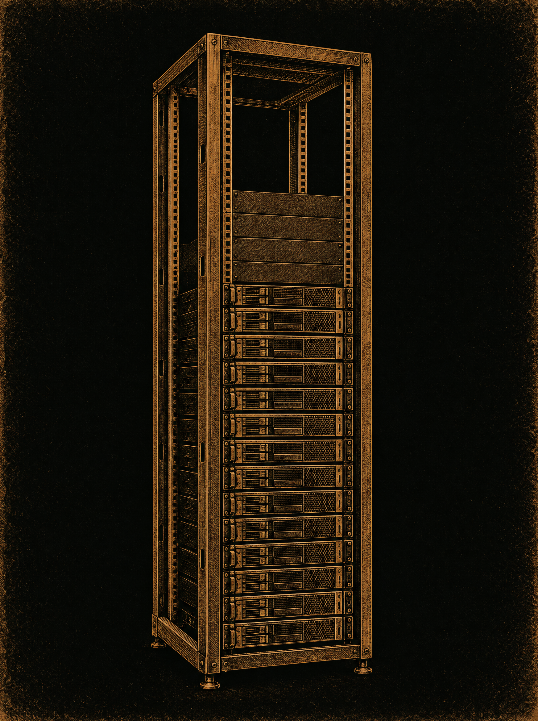 Engraved plate showing a partially loaded server rack with empty mounting rails